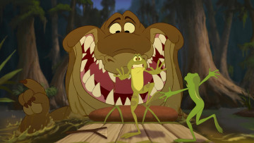 обоя мультфильмы, the princess and the frog, лягушка, крокодил, водоем, деревья