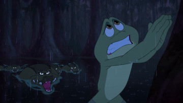 обоя мультфильмы, the princess and the frog, лягушка, водоем, крокодил, дождь