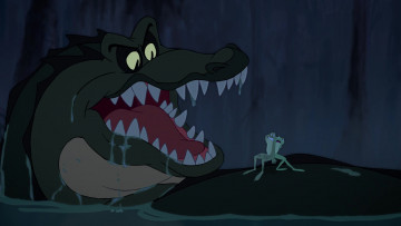 обоя мультфильмы, the princess and the frog, лягушка, крокодил, водоем