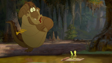 Картинка мультфильмы the+princess+and+the+frog лягушка крокодил водоем деревья плот труба