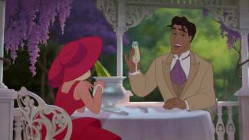 Картинка мультфильмы the+princess+and+the+frog мужчина девушка бокал вилка стол цветы