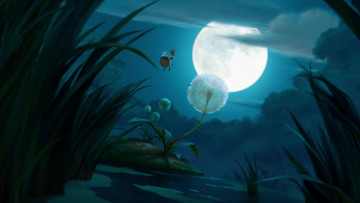 Картинка мультфильмы the+princess+and+the+frog светлячок луна облако одуванчик водоем