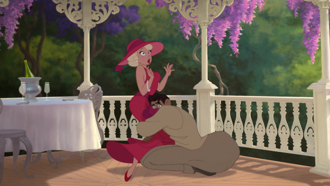 Обои картинки фото мультфильмы, the princess and the frog, девушка, мужчина, цветы, стол, бокал, стул