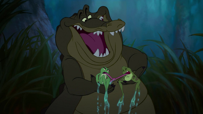 Обои картинки фото мультфильмы, the princess and the frog, крокодил, лягушка, растение