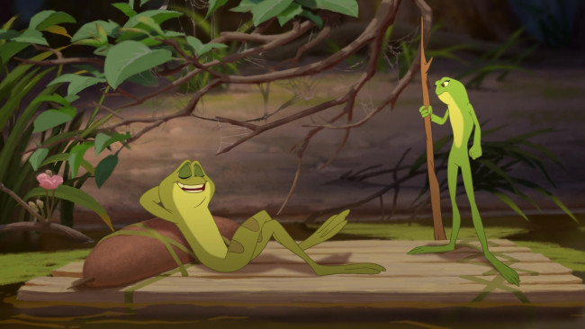 Обои картинки фото мультфильмы, the princess and the frog, лягушка, плот, водоем, растения