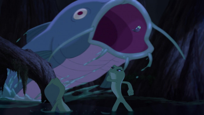 Обои картинки фото мультфильмы, the princess and the frog, лягушка, рыба, водоем