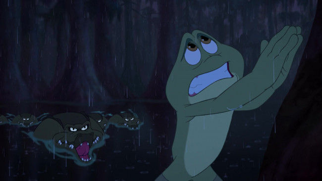 Обои картинки фото мультфильмы, the princess and the frog, лягушка, водоем, крокодил, дождь