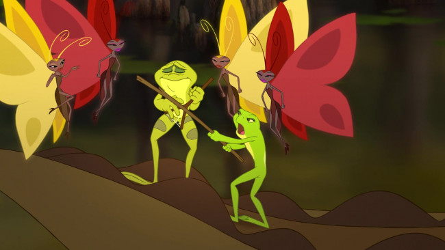Обои картинки фото мультфильмы, the princess and the frog, лягушка, бабочки, палка