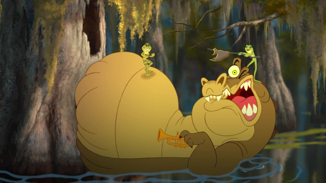Обои картинки фото мультфильмы, the princess and the frog, лягушка, крокодил, труба, водоем, деревья
