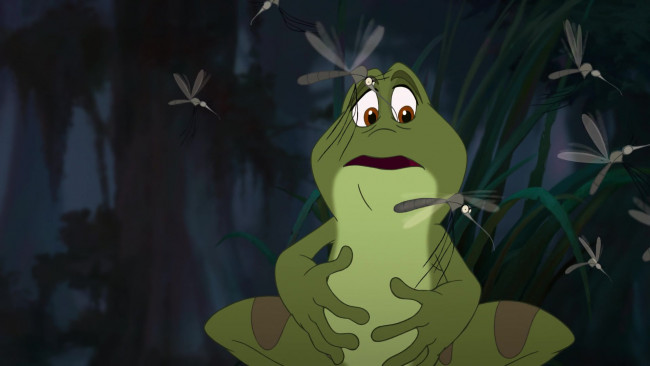 Обои картинки фото мультфильмы, the princess and the frog, лягушка, комар, голод