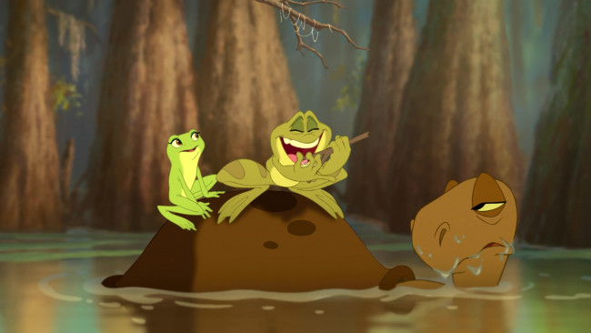 Обои картинки фото мультфильмы, the princess and the frog, лягушка, черепаха, водоем, деревья