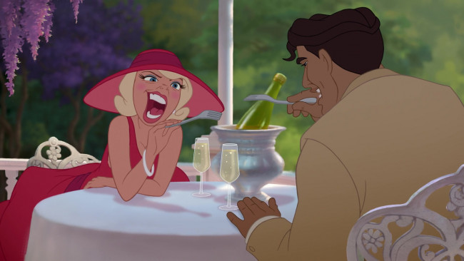 Обои картинки фото мультфильмы, the princess and the frog, мужчина, девушка, бокал, вилка, стол, цветы