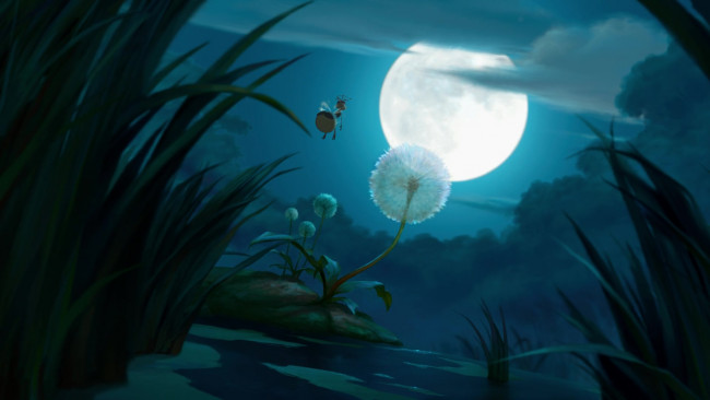 Обои картинки фото мультфильмы, the princess and the frog, светлячок, луна, облако, одуванчик, водоем