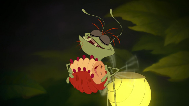 Обои картинки фото мультфильмы, the princess and the frog, светлячок, насекомое, листья