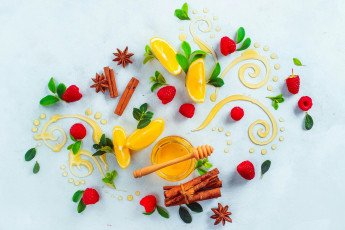 Картинка натюрморт еда мёд +варенье +повидло +джем лимон малина ваниль корица узор листья