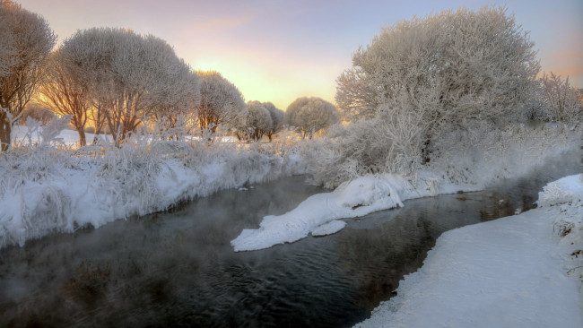Обои картинки фото природа, реки, озера, река, иней, снег