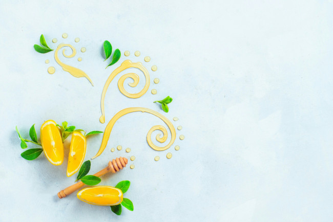 Обои картинки фото натюрморт, еда, цитрусы, листья, лимон, мёд, узор