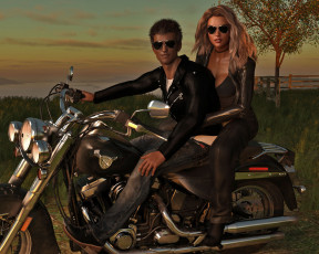 Картинка 3д+графика люди-авто мото+ people-+car+ +moto девушка мужчина фон мотоцикл