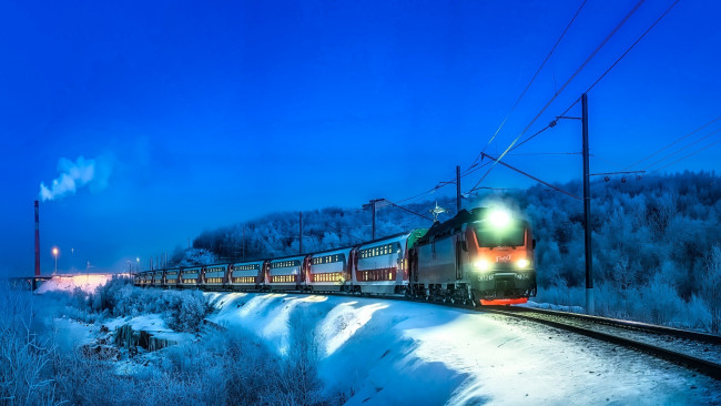 Обои картинки фото техника, электровозы, зима, поезд, огни
