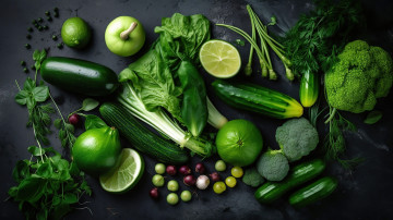 обоя еда, фрукты и овощи вместе, цукини, огурец, лайм, брокколи, зелень