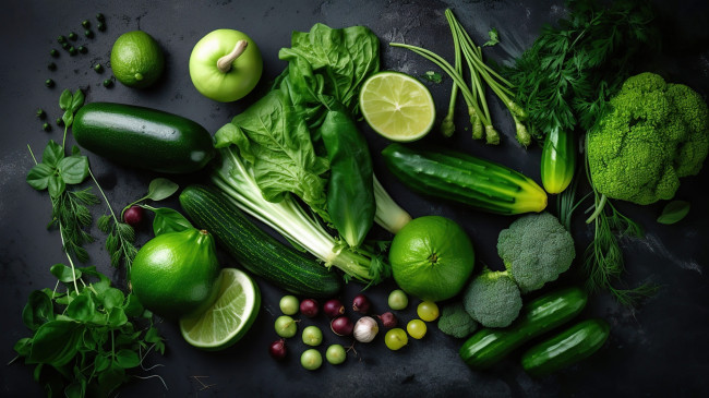 Обои картинки фото еда, фрукты и овощи вместе, цукини, огурец, лайм, брокколи, зелень