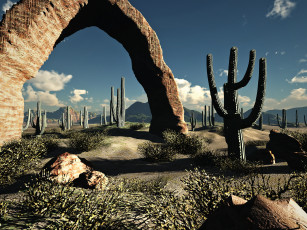 Картинка 3д графика nature landscape природа кактусы камни пустыня