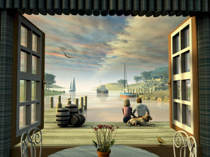 Картинка 3д графика realism реализм люди парусники окно собака