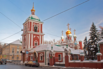 обоя храм, успения, богородицы, гончарах, города, православные, церкви, монастыри, небо, снег, ель