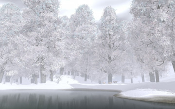 Картинка 3д графика nature landscape природа деревья волки озеро снег зима лес
