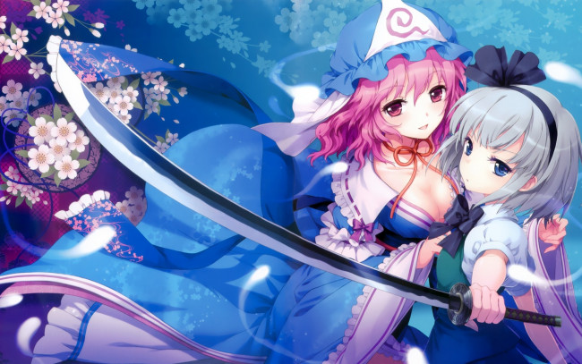 Обои картинки фото аниме, touhou, девушки, катана, меч, цветы, сакура