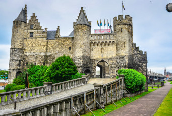 обоя het steen castle, города, замки бельгии, стены, замок, дорога, башни