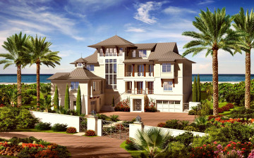 Картинка города -+здания +дома небо океан пляж пальмы сад вилла облака