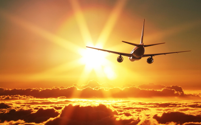 Обои картинки фото авиация, авиационный пейзаж, креатив, летит, самолет, солнце, небо, красота, облака, лучи