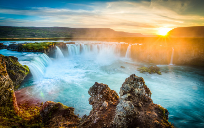 Обои картинки фото природа, восходы, закаты, godafoss, солнце, исландия, водопад, рассвет