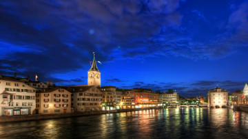 Картинка города цюрих+ швейцария башня вечер огни