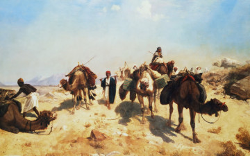 Картинка рисованное живопись жан-леон жером пейзаж картина караван в пустыне верблюд