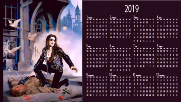 обоя календари, фэнтези, девушка, мужчина, очки, вампир, цветок, птица
