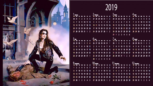 Обои картинки фото календари, фэнтези, девушка, мужчина, очки, вампир, цветок, птица