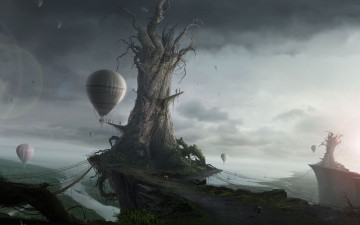 Картинка фэнтези иные миры времена обрыв река дерево воздушные шары