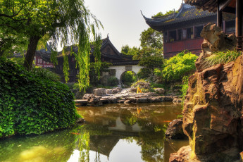 Картинка парк юйян шанхай китай природа пруд пагоды деревья