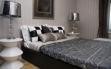 Картинка интерьер спальня лампа кровать стиль дизайн комната клетка подушки черно-белый
