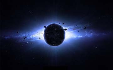 Картинка космос арт астероиды планета кольца галактика свечение