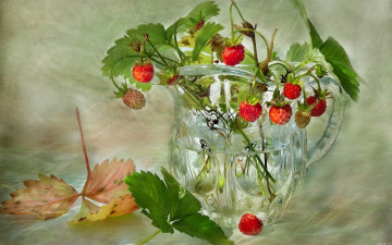обоя рисованные, еда, натюрморт, ягоды, листья, бокал, красота