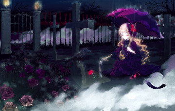 Картинка аниме *unknown другое могила крест ворон зонт дождь ночь розы девушка