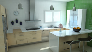 Картинка 3д графика realism реализм фрукты лампы окно цветы кухня мебель