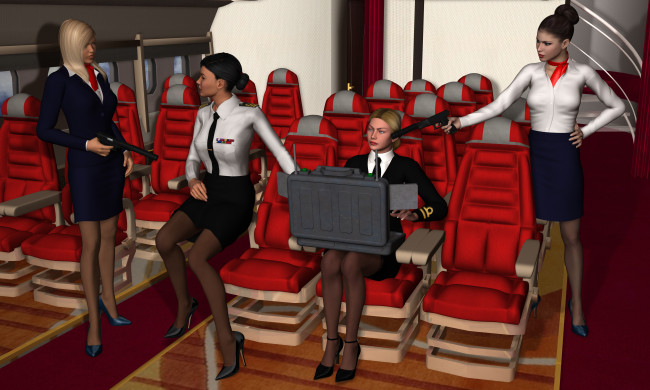 Обои картинки фото stewardesses, 3д графика, фантазия , fantasy, девушки, салон, оружие, взгляд