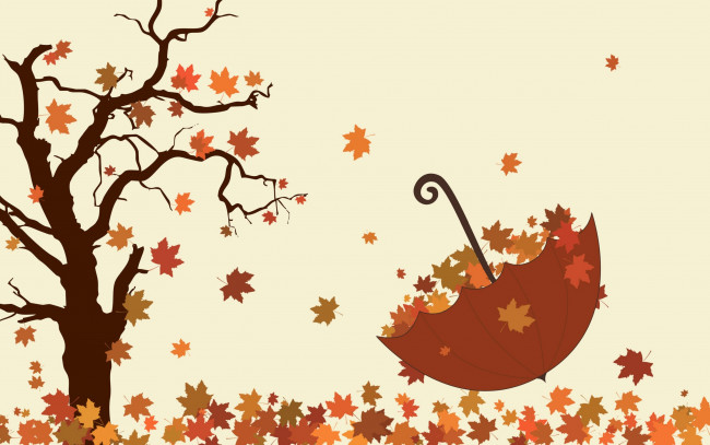 Обои картинки фото рисованные, природа, дерево, осень, листья, зонтик