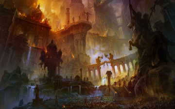 Картинка фэнтези замки сражение пожар руины мир иной город