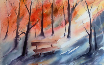 Картинка рисованное природа акварель осень скамья