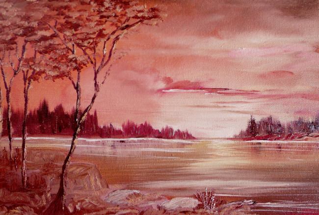 Обои картинки фото рисованное, природа, река, деревья, пейзаж